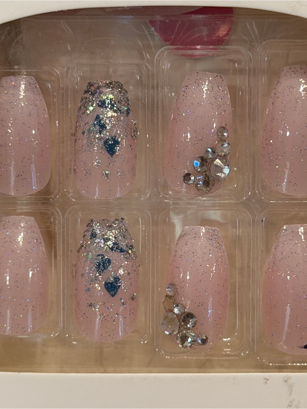 Pink Glitter Press On Nails Rhinestone Soft Glam Bridal Y2K Coquette